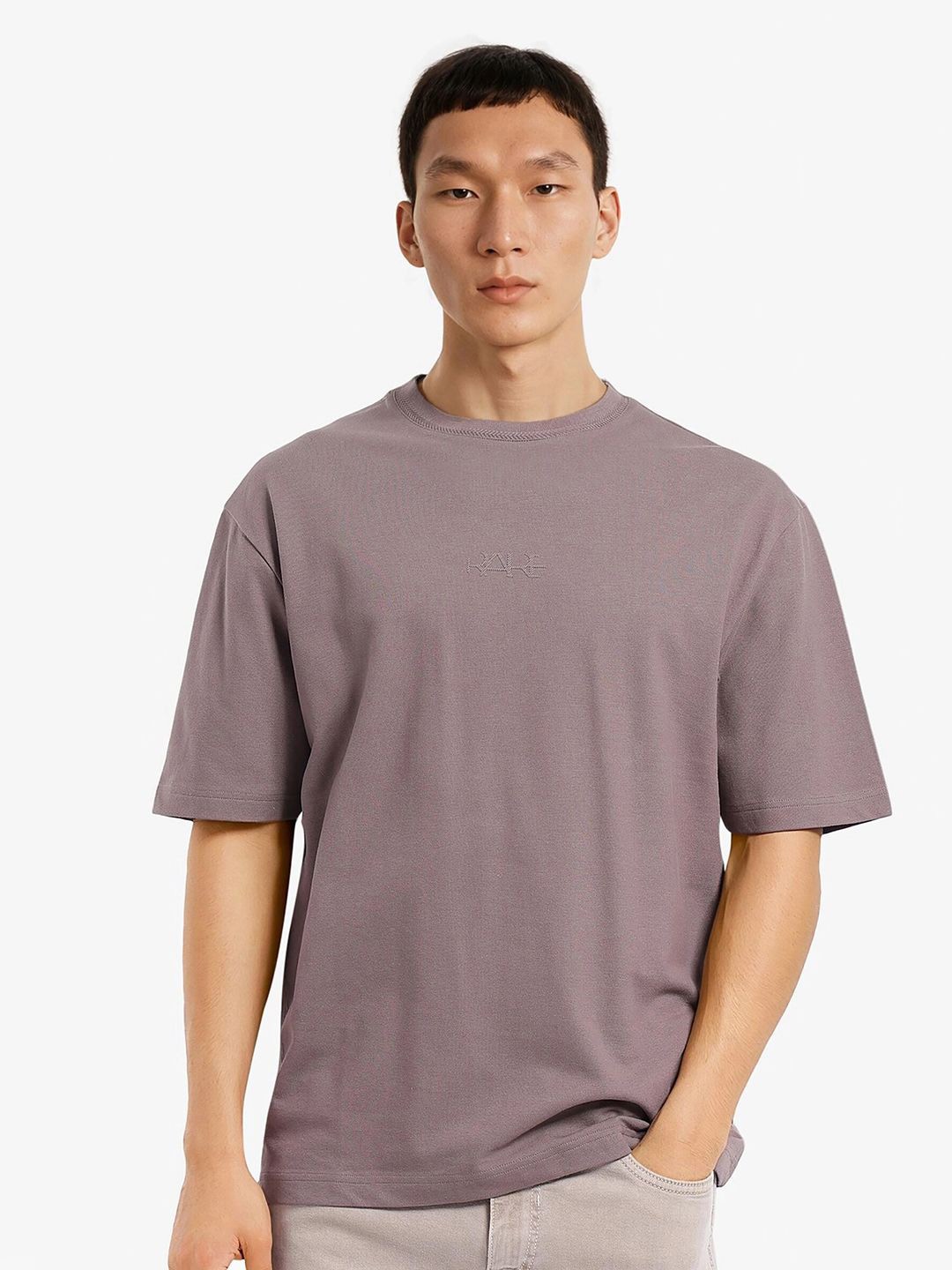 

RARE RABBIT Men Solid Round Neck Cotton Relaxed Fit T-shirt, Mauve