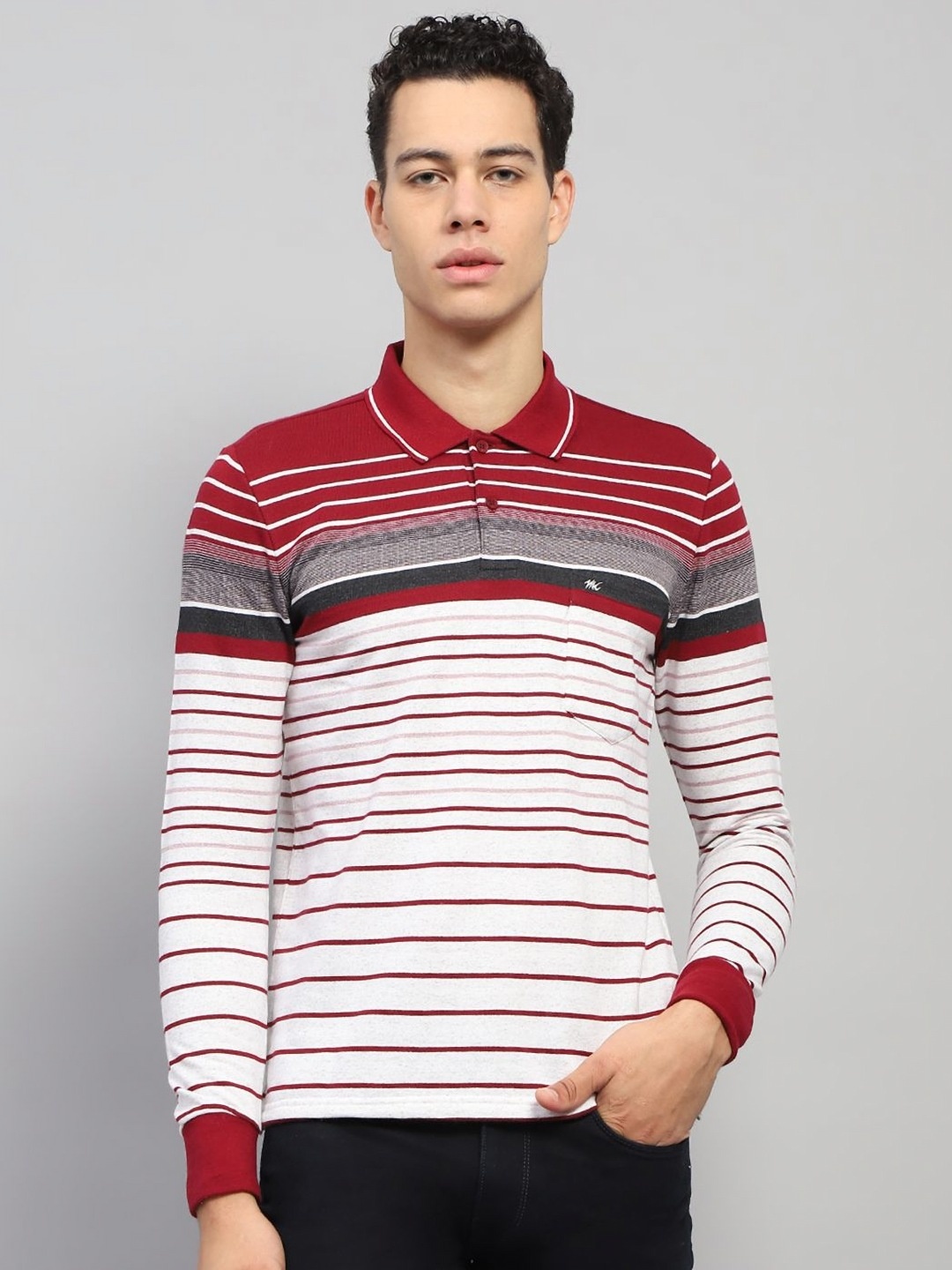 

Monte Carlo Men Striped Polo Collar Cotton T-shirt, Maroon