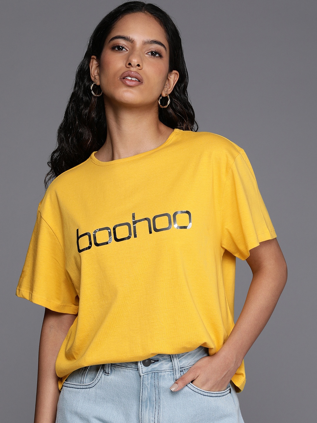 

Boohoo Women Brand Logo Printed T-shirt, Yellow