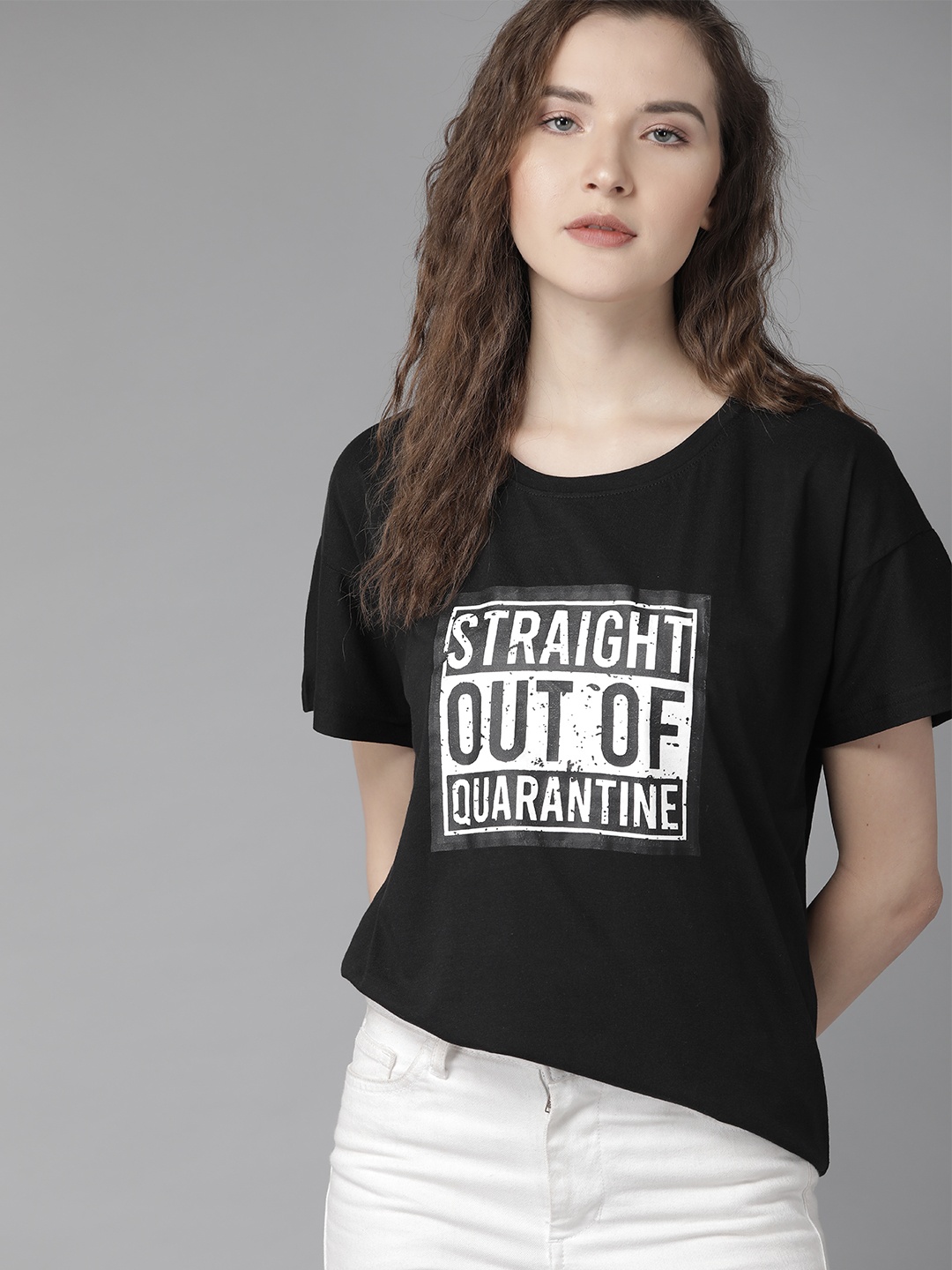 

Roadster Women Black & White Printed Round Neck T-shirt