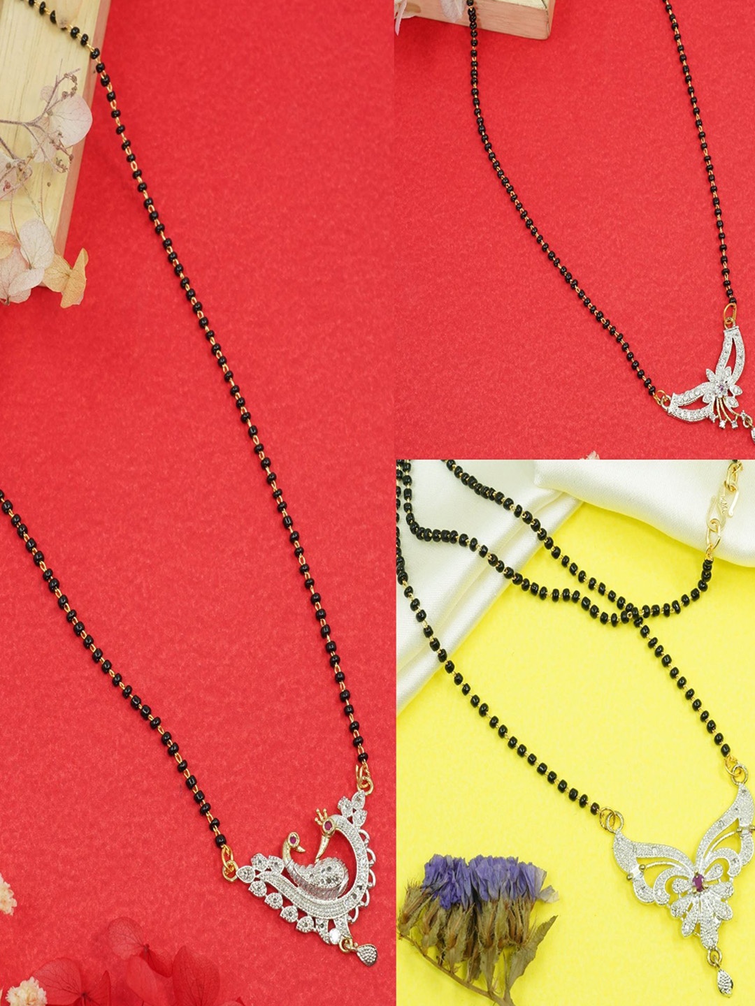 

GRIIHAM Set Of 3 Gold-Plated Stone Studded & Beaded Mangalsutras