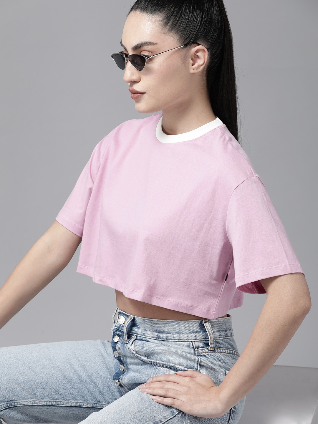 

The Roadster Lifestyle Co. Drop-Shoulder Sleeves Pure Cotton Crop T-shirt, Pink