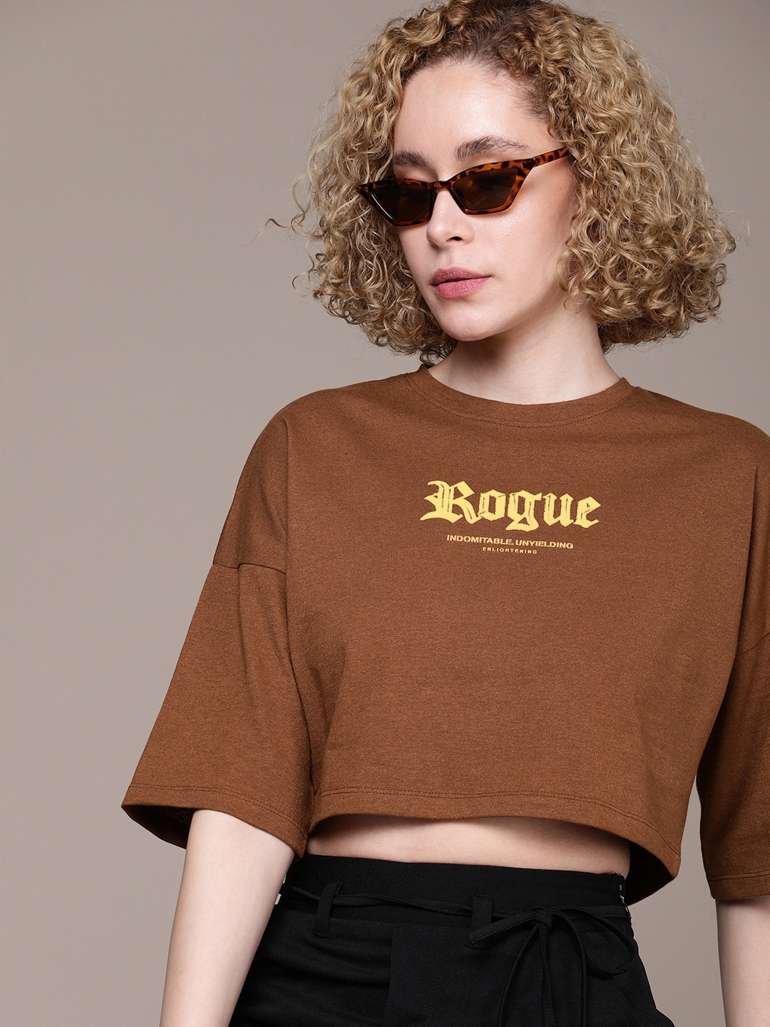 

The Roadster Life Co. Typography Printed Drop-Shoulder Sleeves Boxy Crop T-shirt, Brown