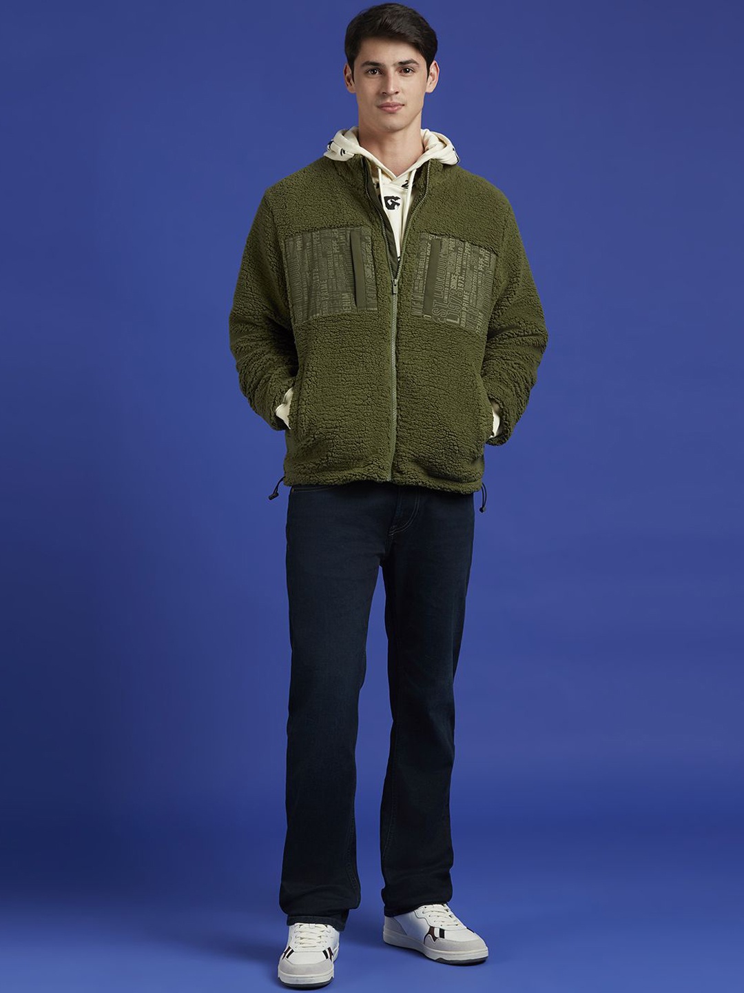 

Pepe Jeans Men Mock Collar Self Design Casual Bomber Jacket, Olive