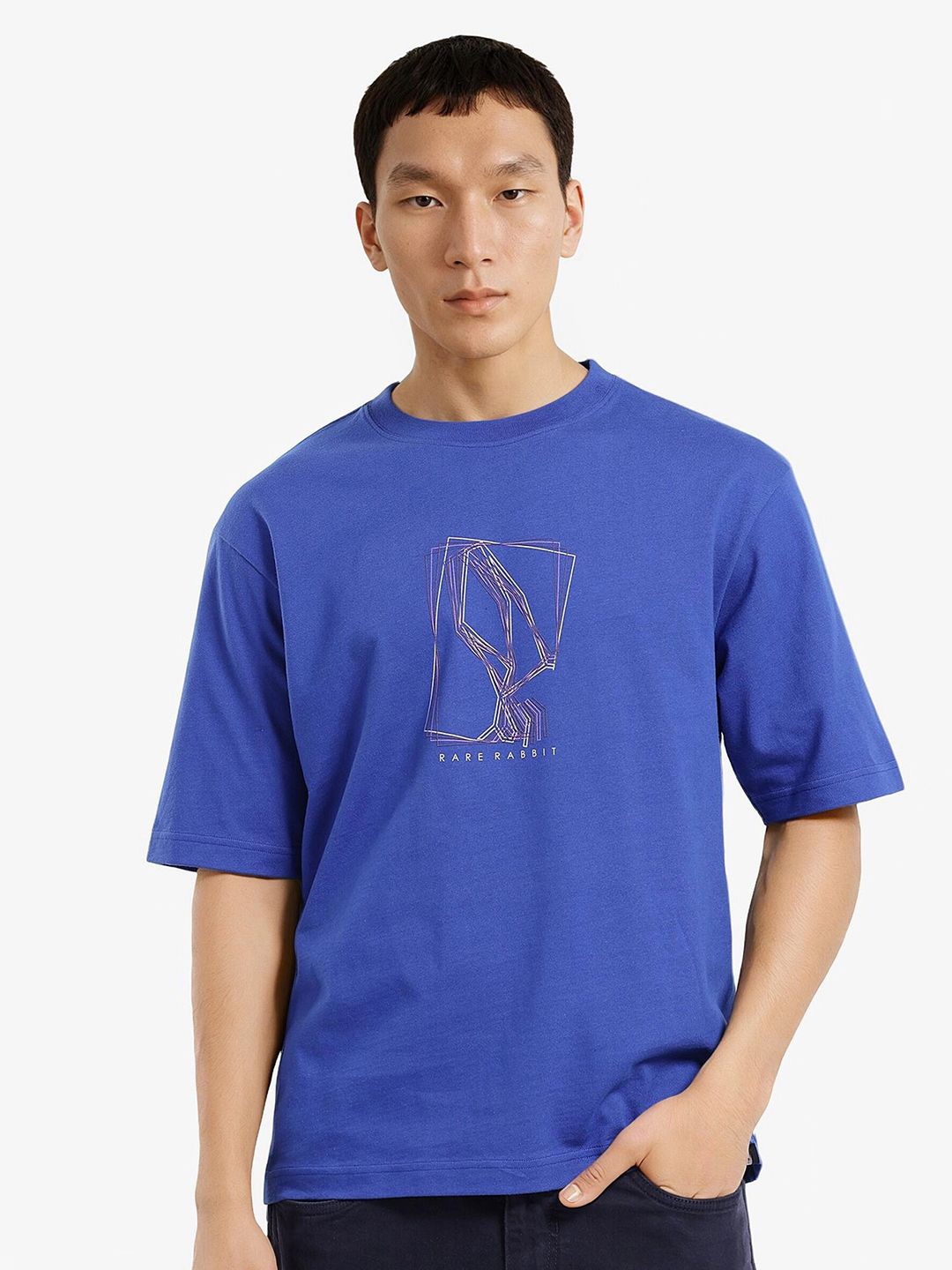 

RARE RABBIT Men Graphic Printed Round Neck Cotton T-shirt, Blue
