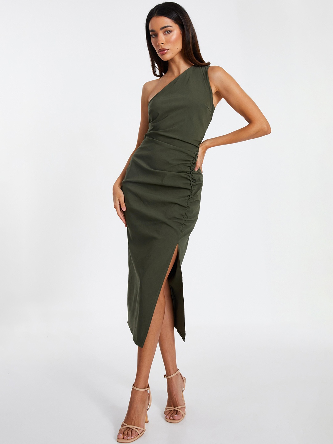 

QUIZ Women Solid One Shoulder Bodycon Midi Dress, Khaki