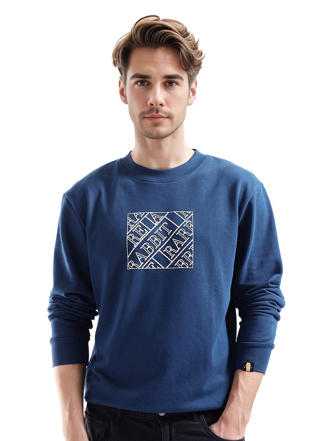 

RARE RABBIT Men Printed Cotton Round Neck Sweatshirt, Blue