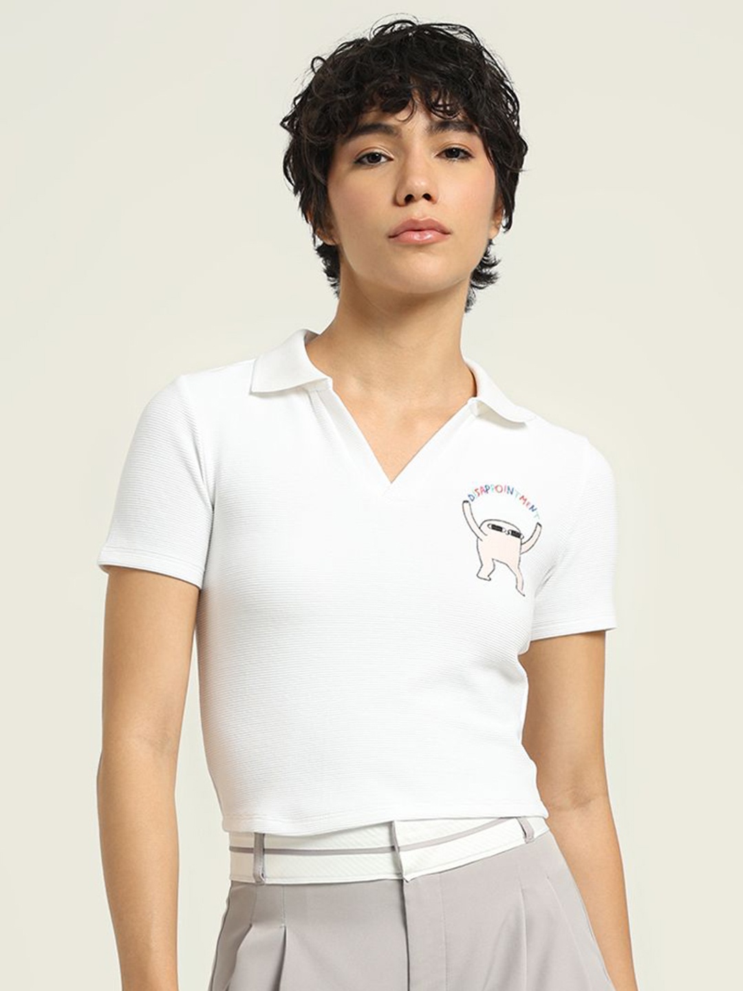 

ONLY Women Graphic Printed Polo Collar Cotton Slim Fit T-shirt, White