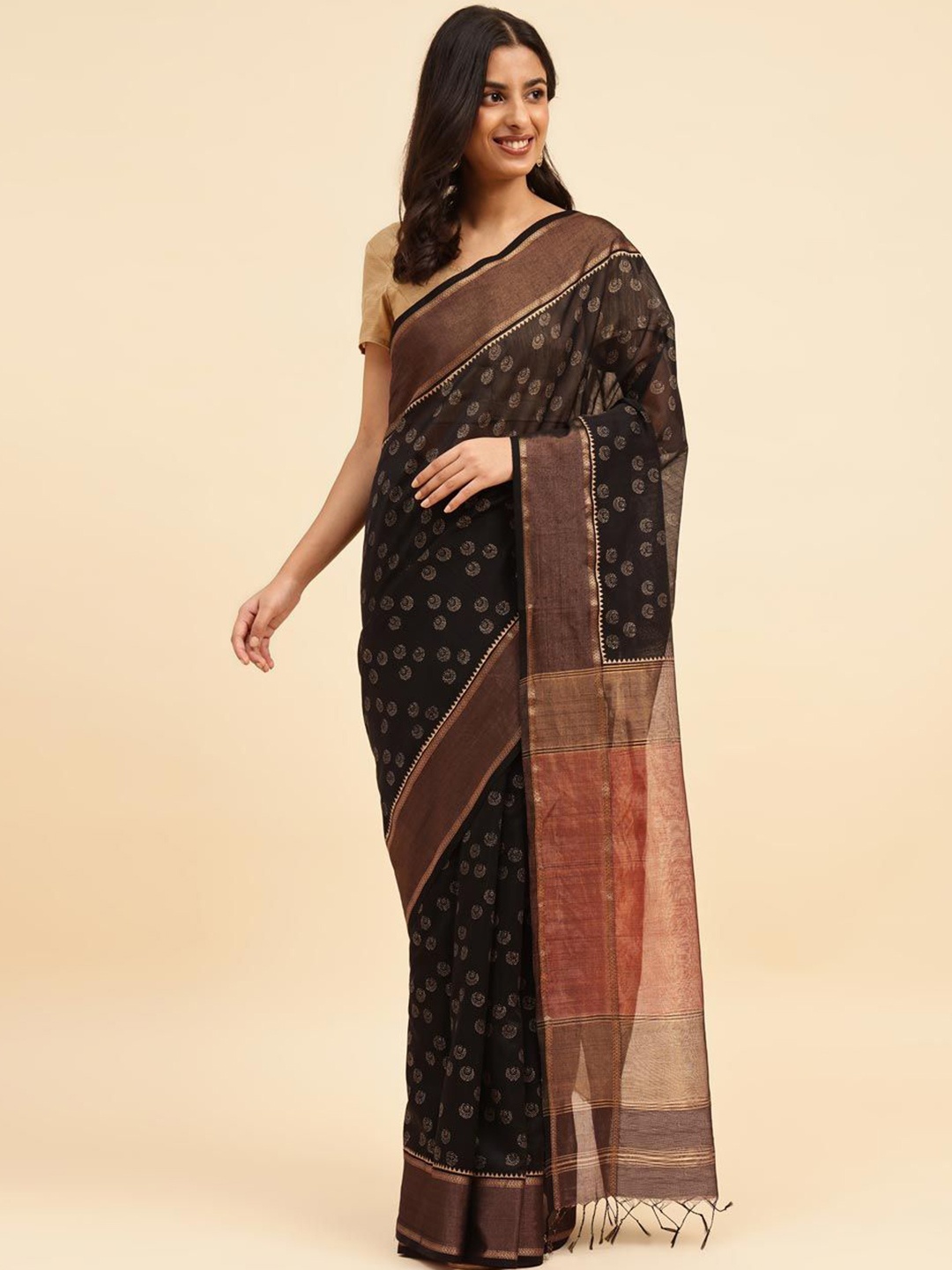 

Fabindia Ethnic Motifs Printed Woven Design Maheshwari Saree, Black