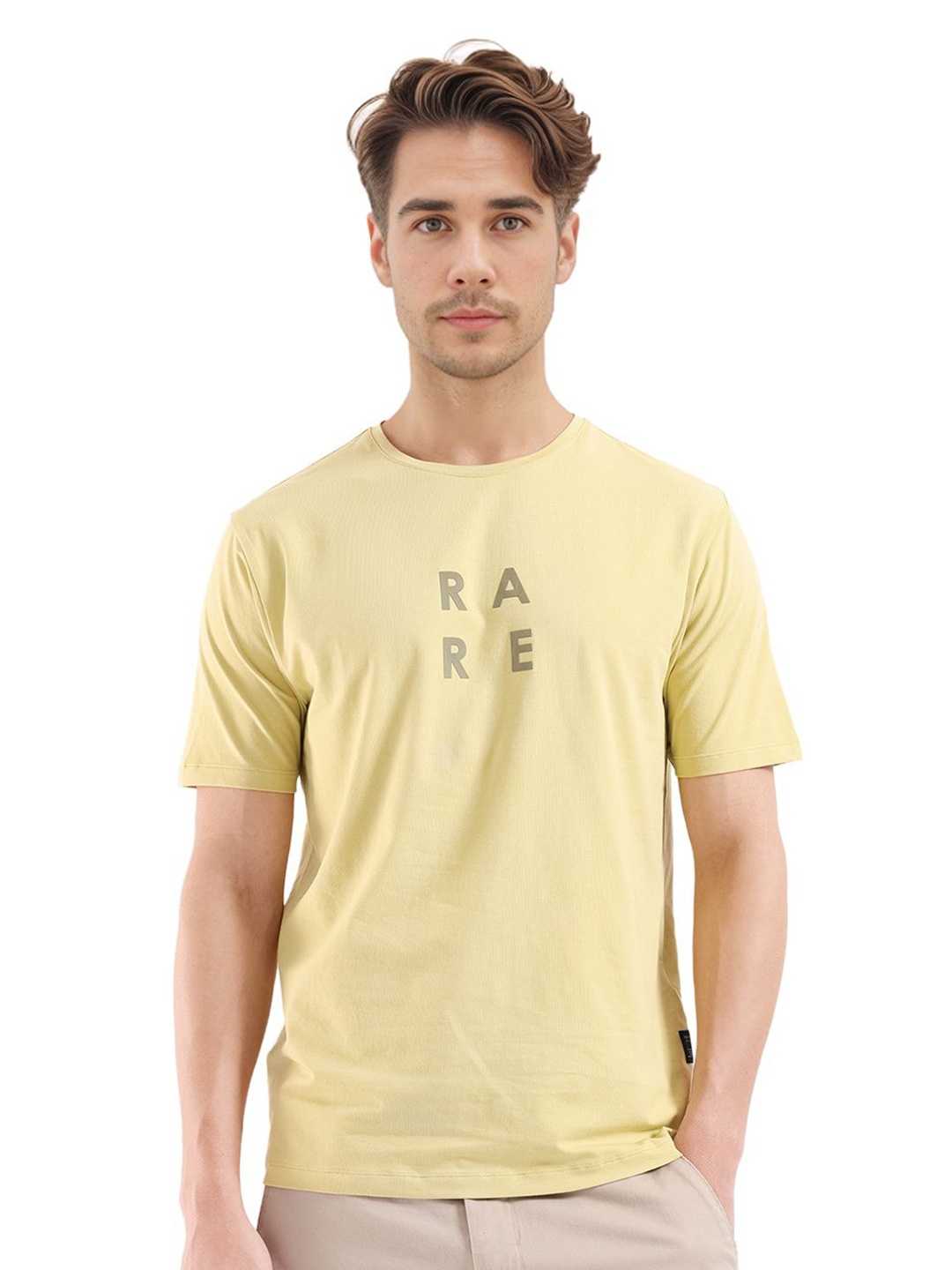 

RARE RABBIT Men Solid Round Neck Cotton T-shirt, Yellow
