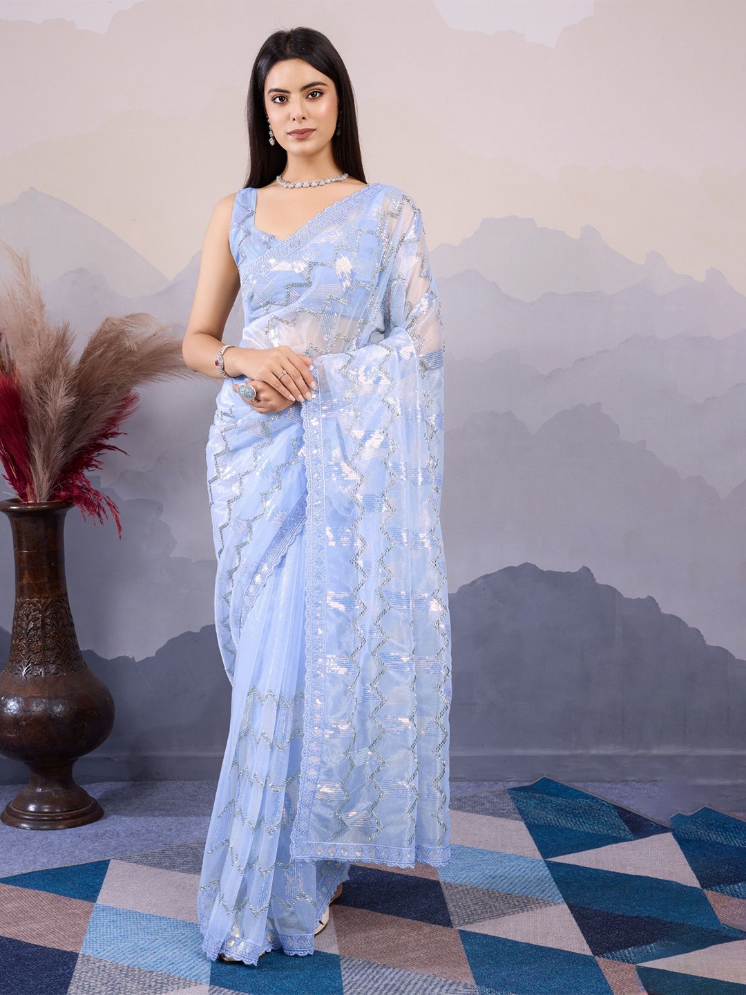 

MySilkLove Women Embellished Sequinned Saree, Blue