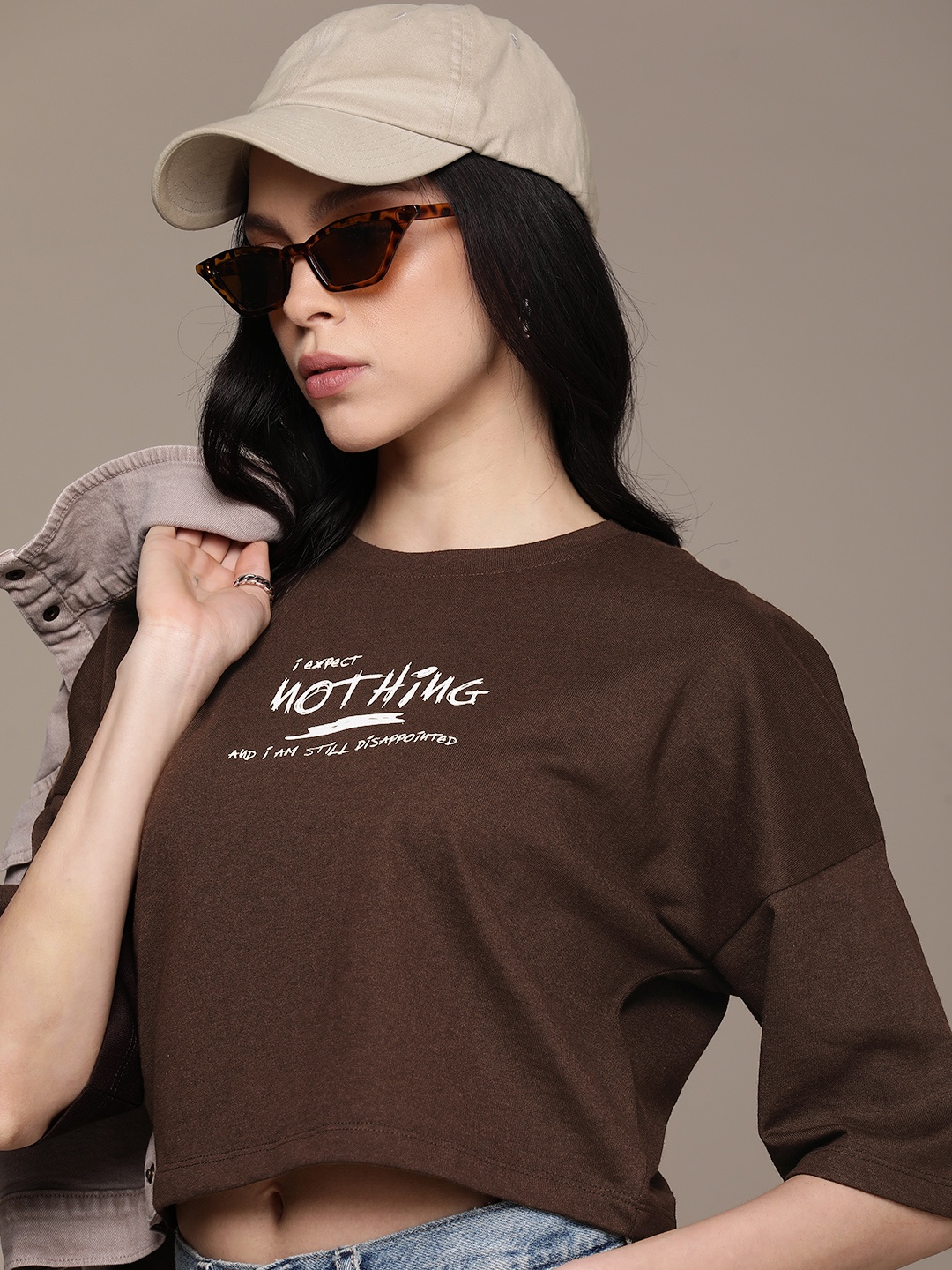 

The Roadster Life Co. Typography Printed Drop-Shoulder Sleeves Boxy Crop T-shirt, Brown