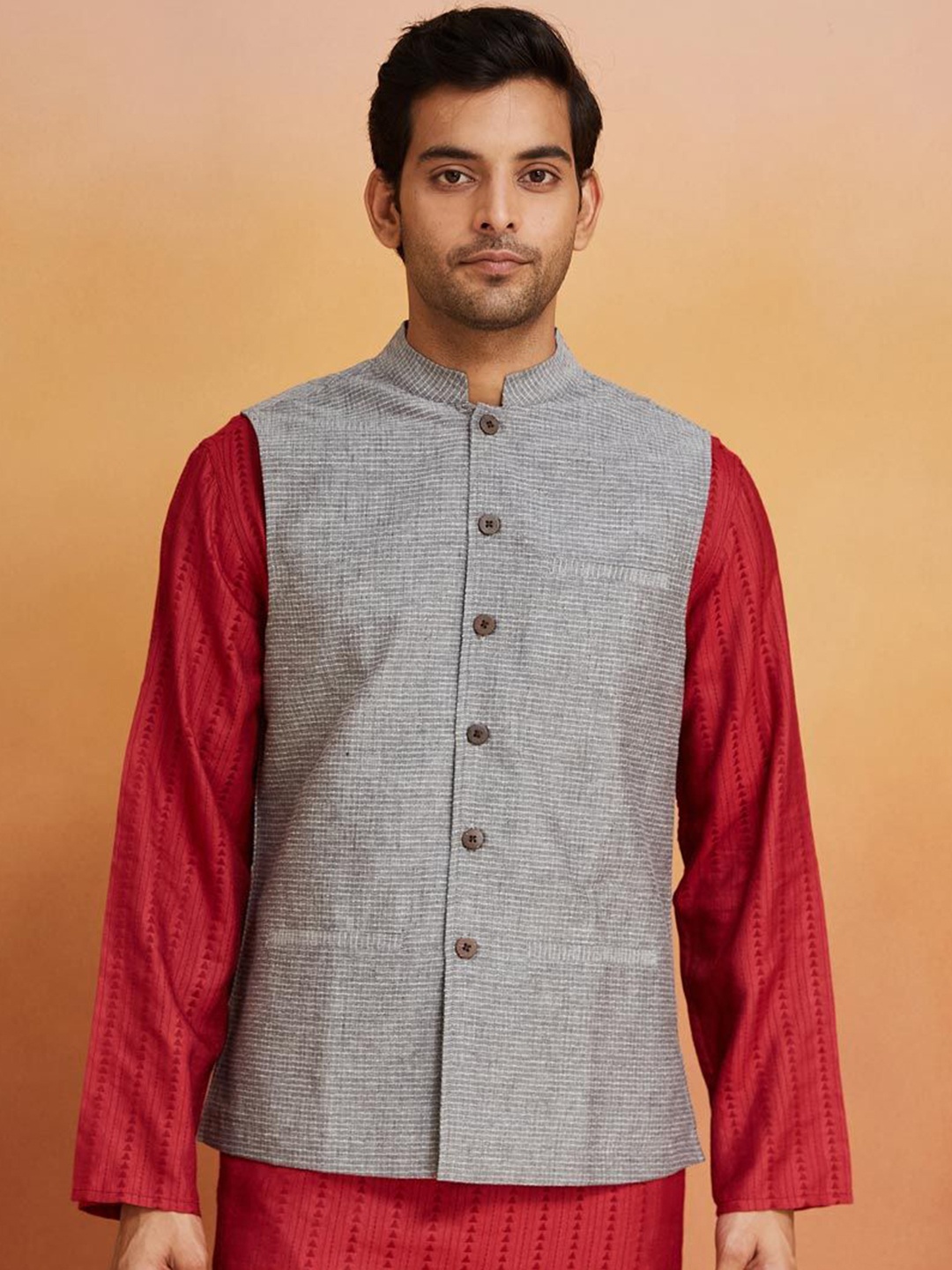 

Fabindia Men Woven Design Pure Cotton Sleeveless Nehru Jackets, Grey