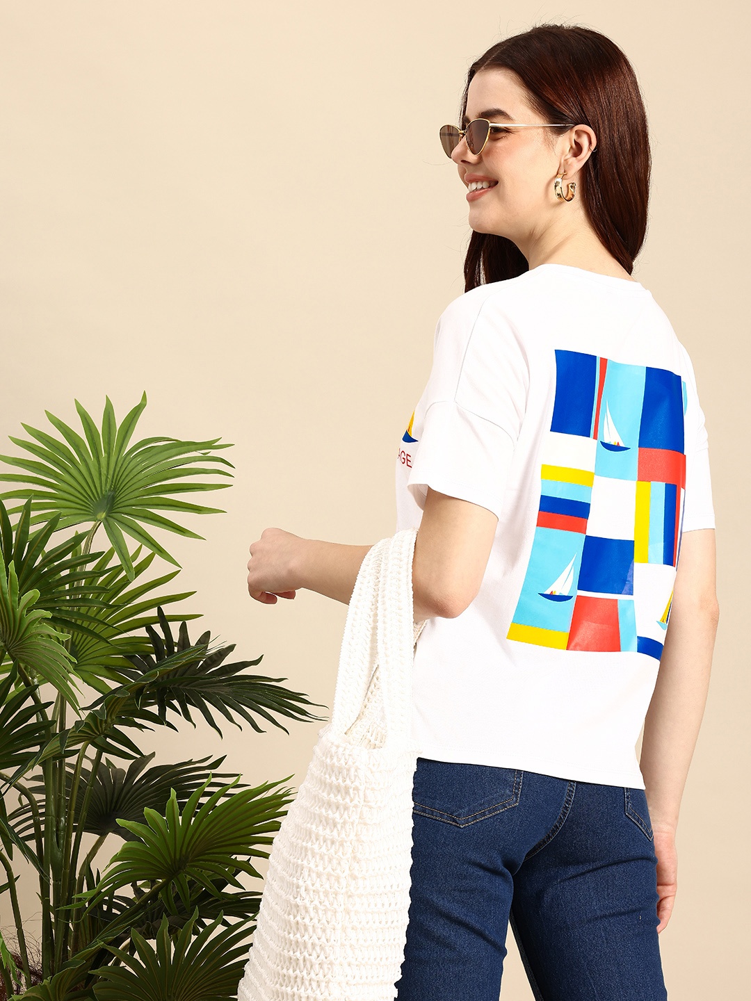 

Mast & Harbour Geometric Printed Drop-Shoulder Sleeves Pure Cotton T-shirt, White