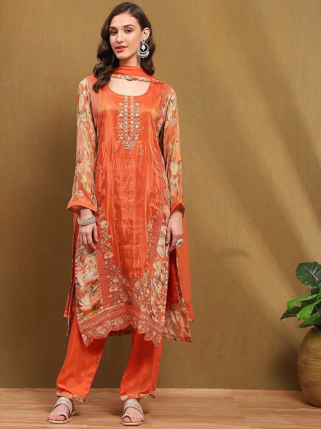 

Biba Floral Embroidered Sequinned Unstitched Dress Material, Orange