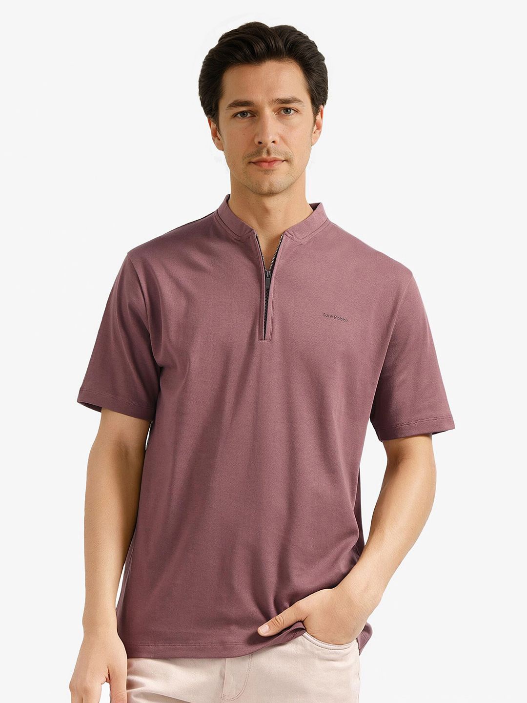 

RARE RABBIT Men Solid Mandarin Collar Cotton T-shirt, Mauve
