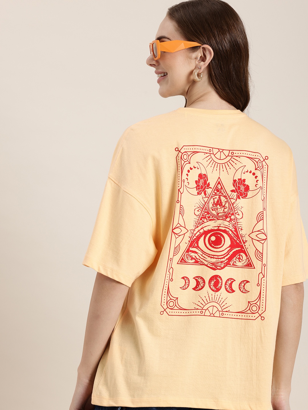 

HERE&NOW Printed Drop-Shoulder Sleeves Pure Cotton Relaxed Fit T-shirt, Cream