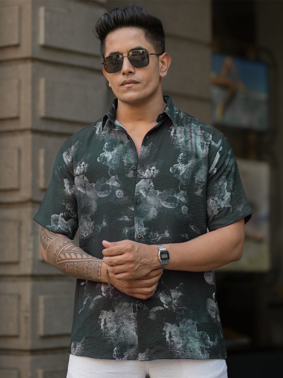 

Powerlook Men Spread Collar Abstract Printed Nylon Casual Shirt, Green