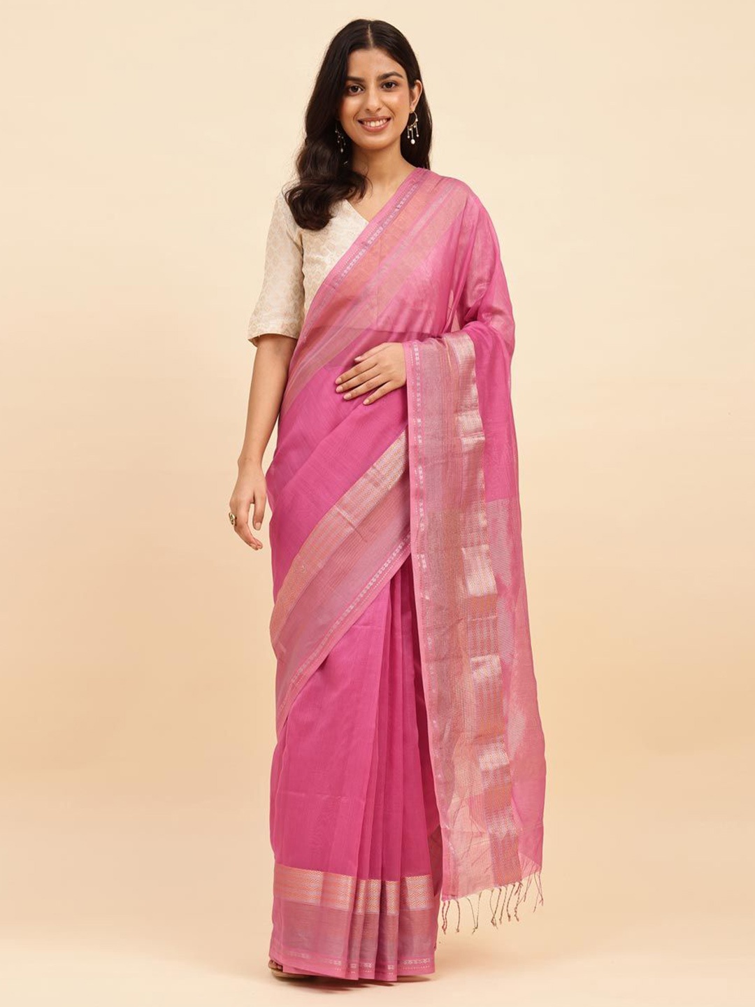 

Fabindia Pink Cotton Silk Blend Maheshwari Sari