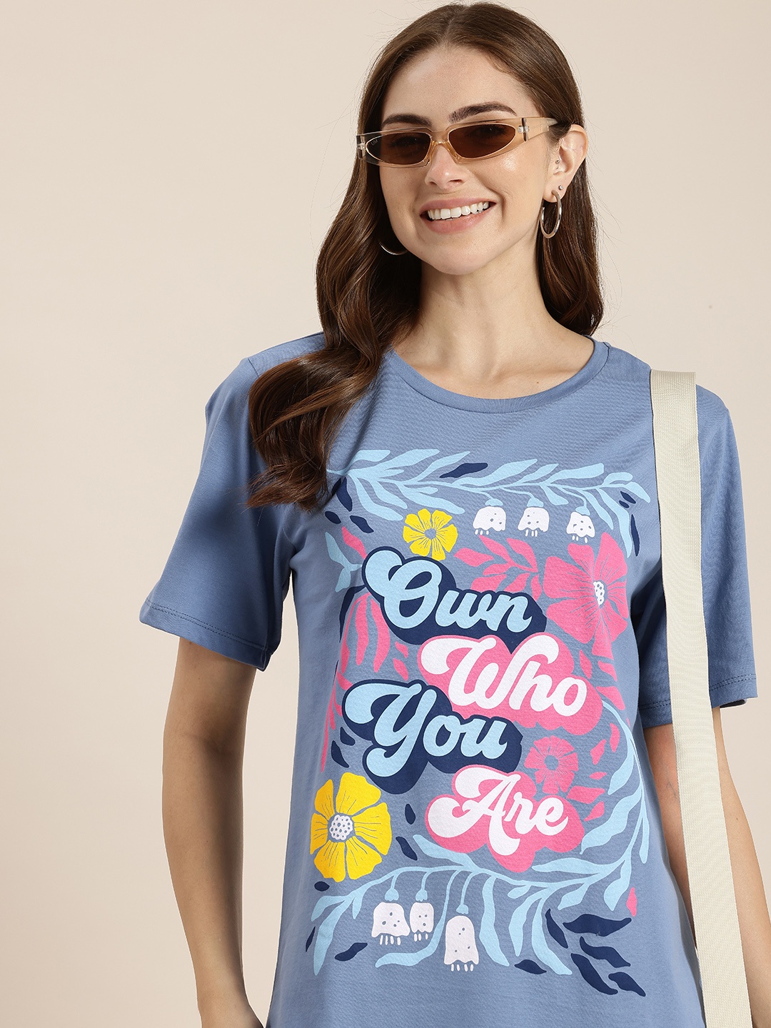 

HERE&NOW Typography Printed Drop-Shoulder Sleeves Pure Cotton T-shirt, Blue