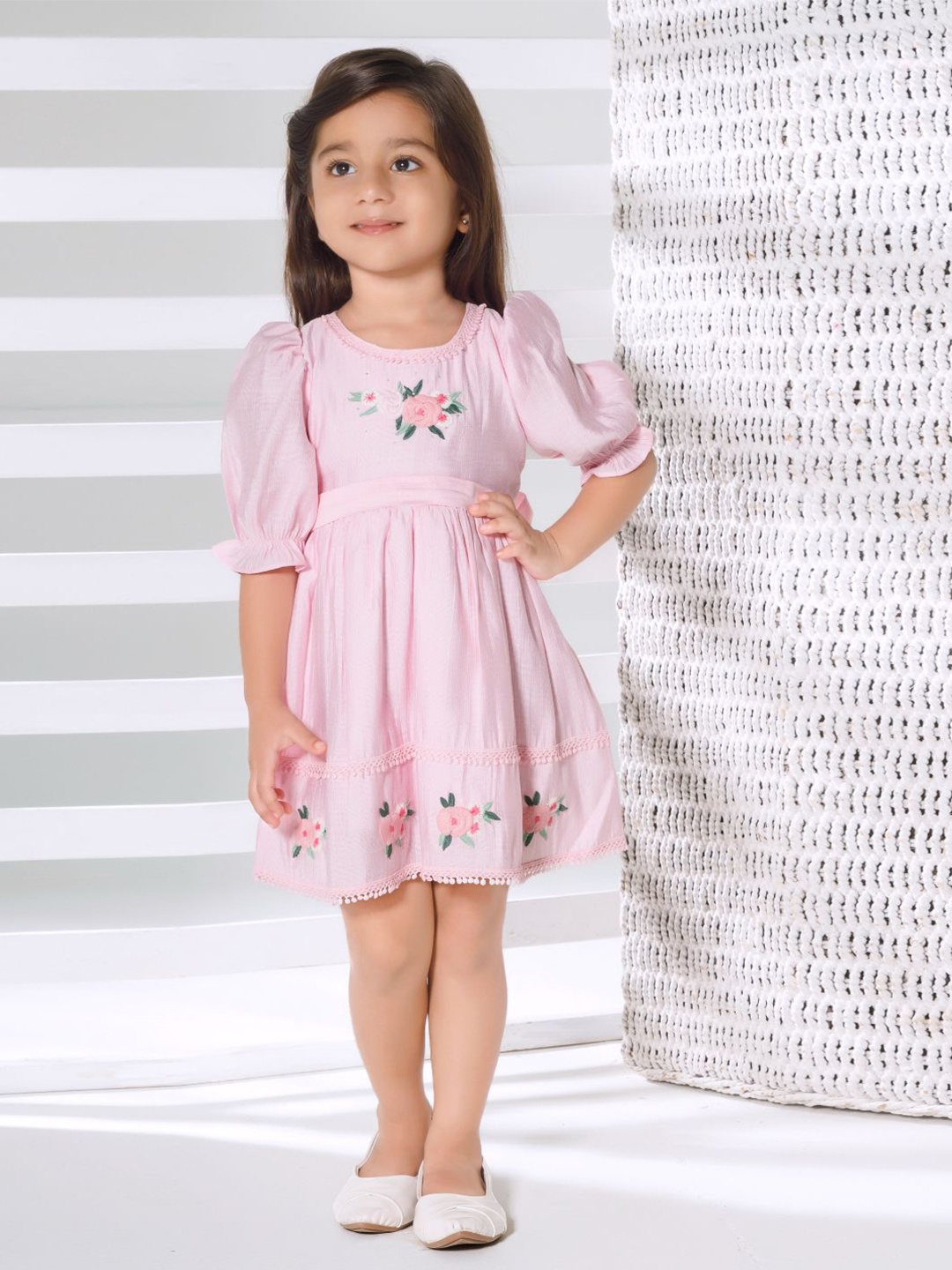 

Peppermint Print Puff Sleeve Fit & Flare Dress, Pink