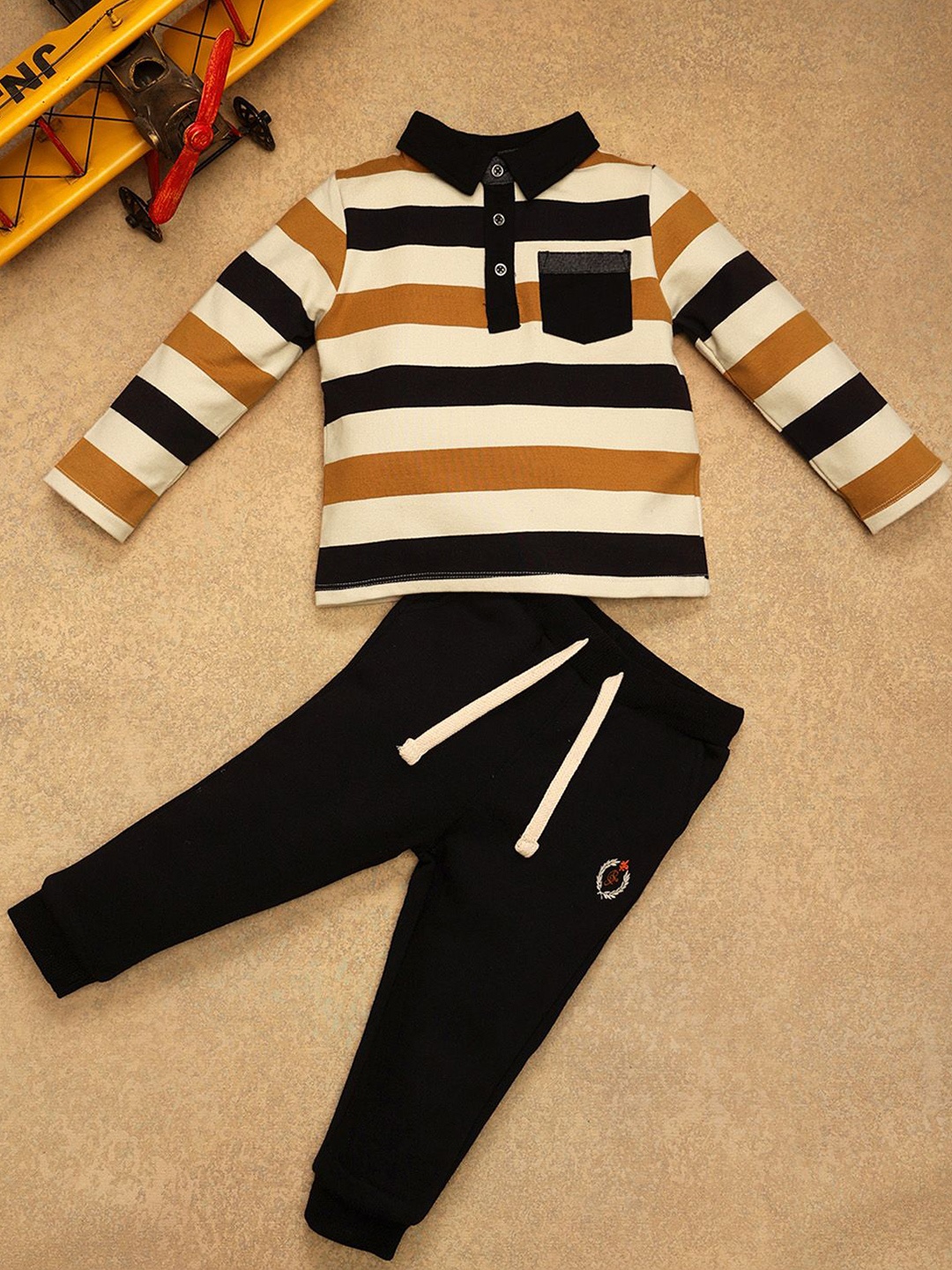 

One Friday Boys Striped Polo Collar T-shirt With Track Pant, Beige