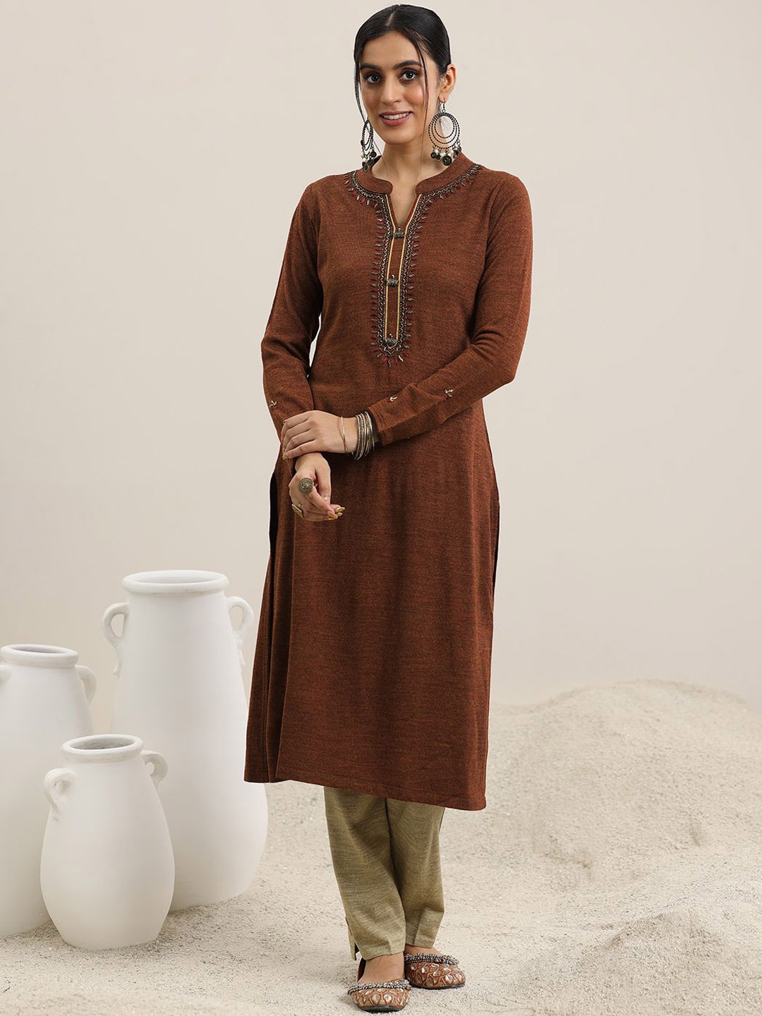 

Libas Yoke Design Mandarin Collar Woollen Kurta, Rust