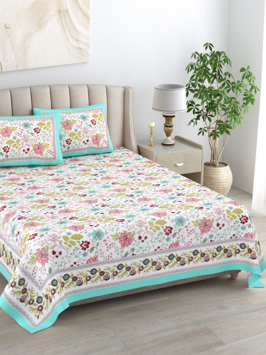 

DE CAMA White & Pink Floral 210 TC King Bedsheet with 2 Pillow Covers