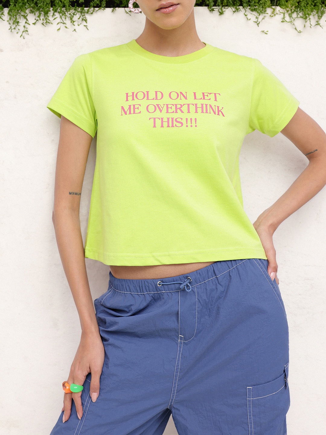 

DressBerry Quirky Vibe Typography Printed Crop T-shirt, Green