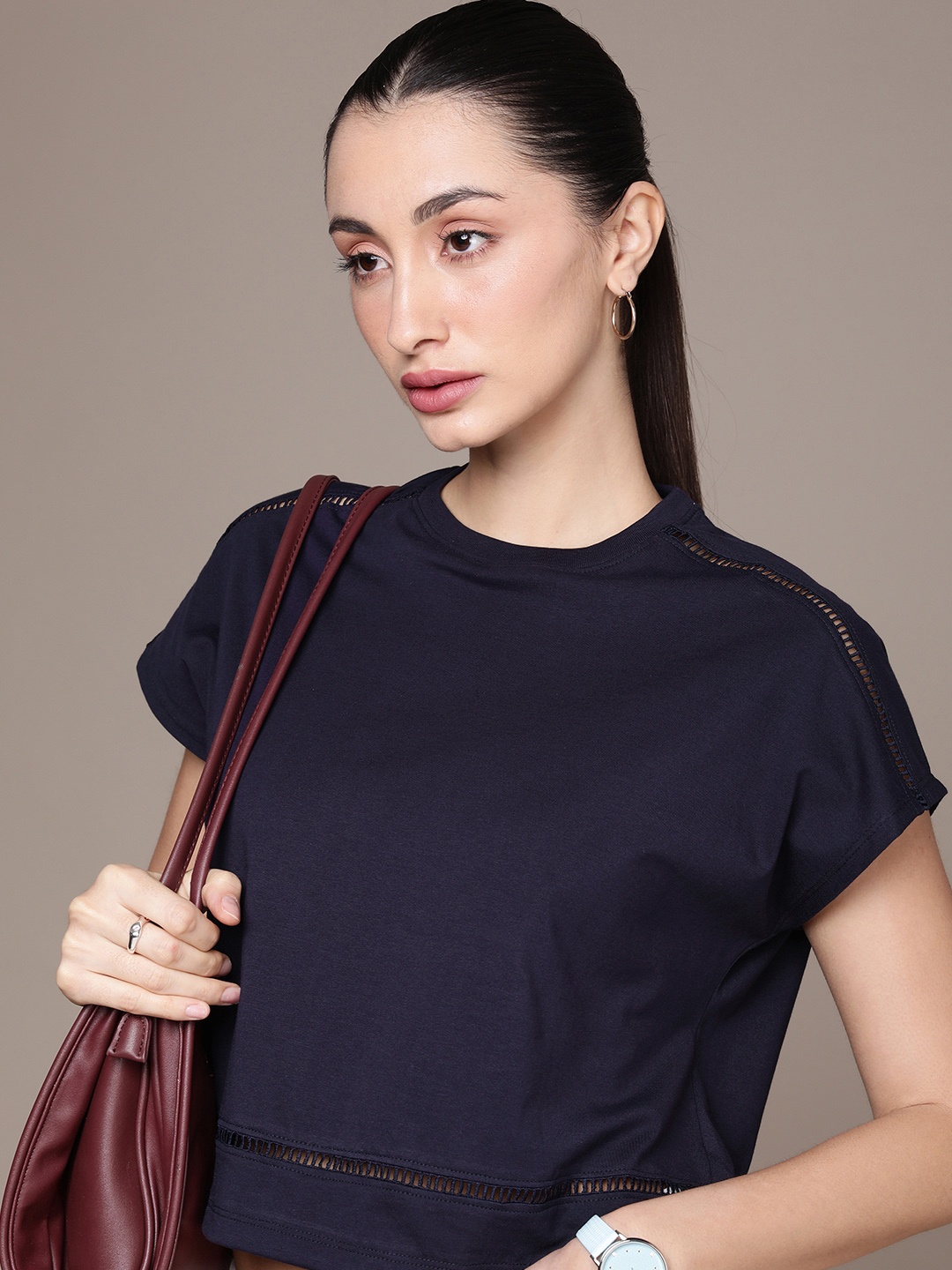 

French Connection Solid Extended Sleeves Pure Cotton Crop T-shirt, Navy blue