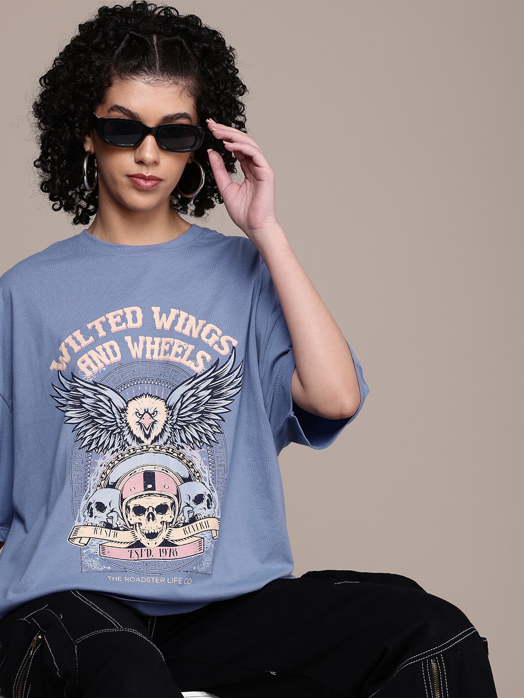 

The Roadster Life Co. Printed Oversized Drop-Shoulder Sleeves T-shirt, Blue