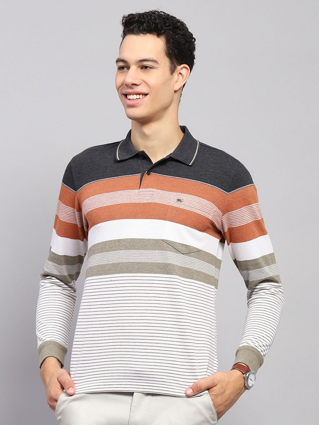 

Monte Carlo Men Striped Polo Collar Cotton T-shirt, White