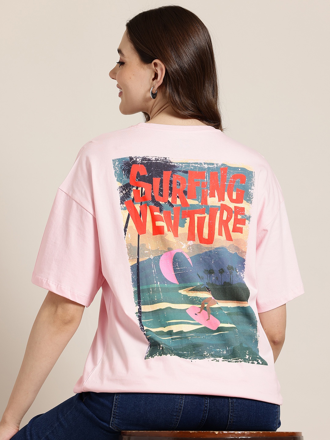 

HERE&NOW Graphic Print Pure Cotton Longline T-shirt, Pink