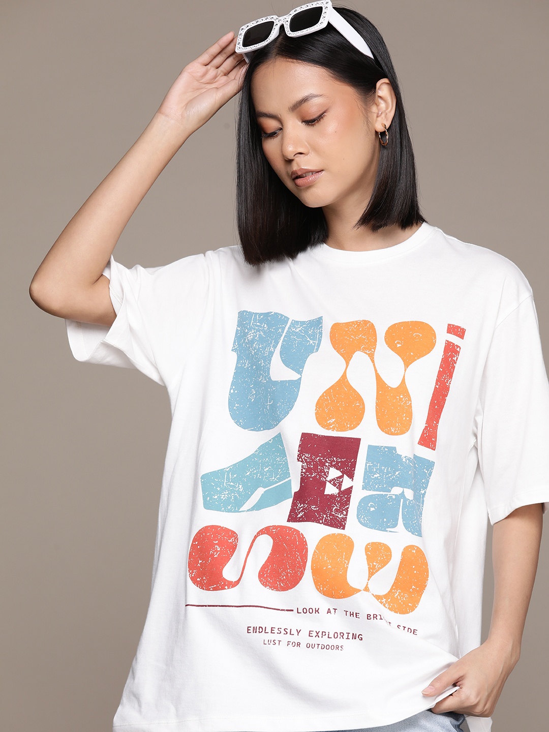 

The Roadster Lifestyle Co. Graphic Printed Drop-Shoulder Sleeves Oversized T-shirt, White