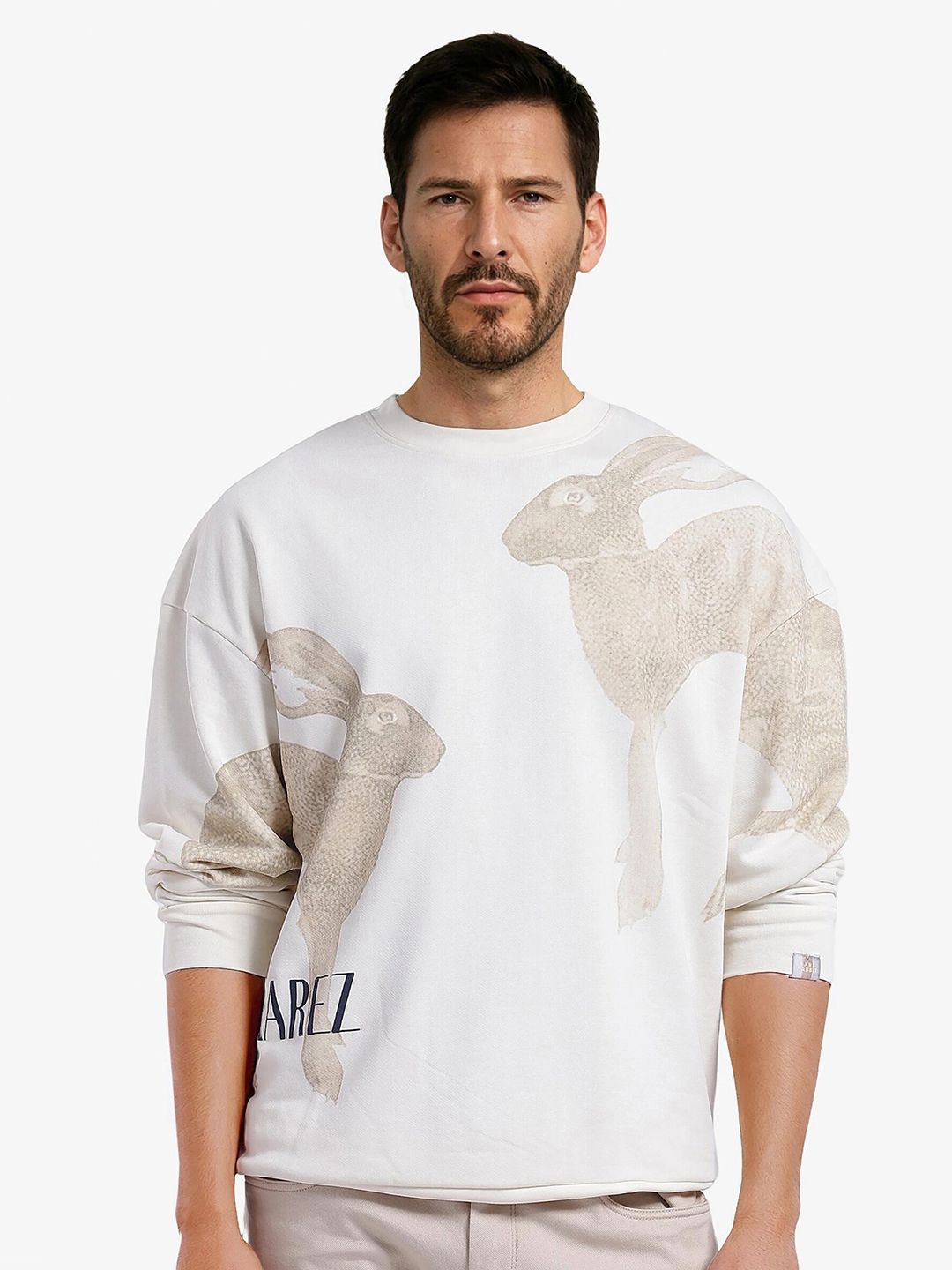 

RARE RABBIT Men Printed Cotton Round Neck Sweatshirt, Off white