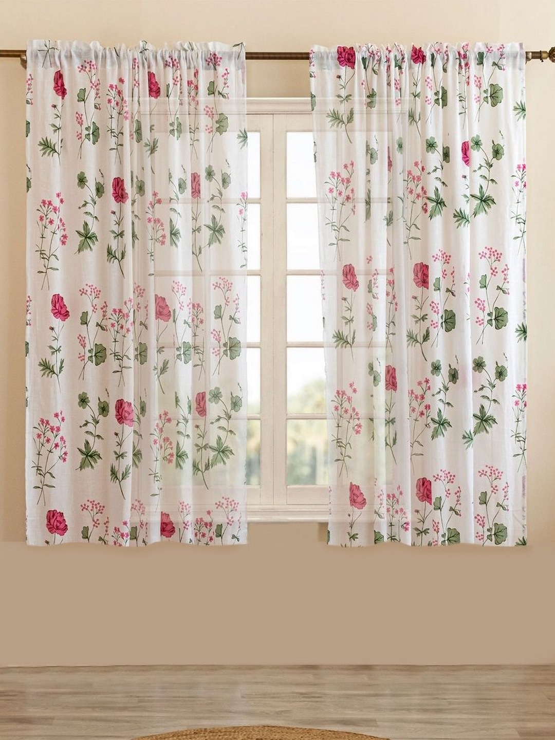 

HOMEMONDE Pink & White 2 Pieces Floral Printed Cotton Sheer Window Curtains