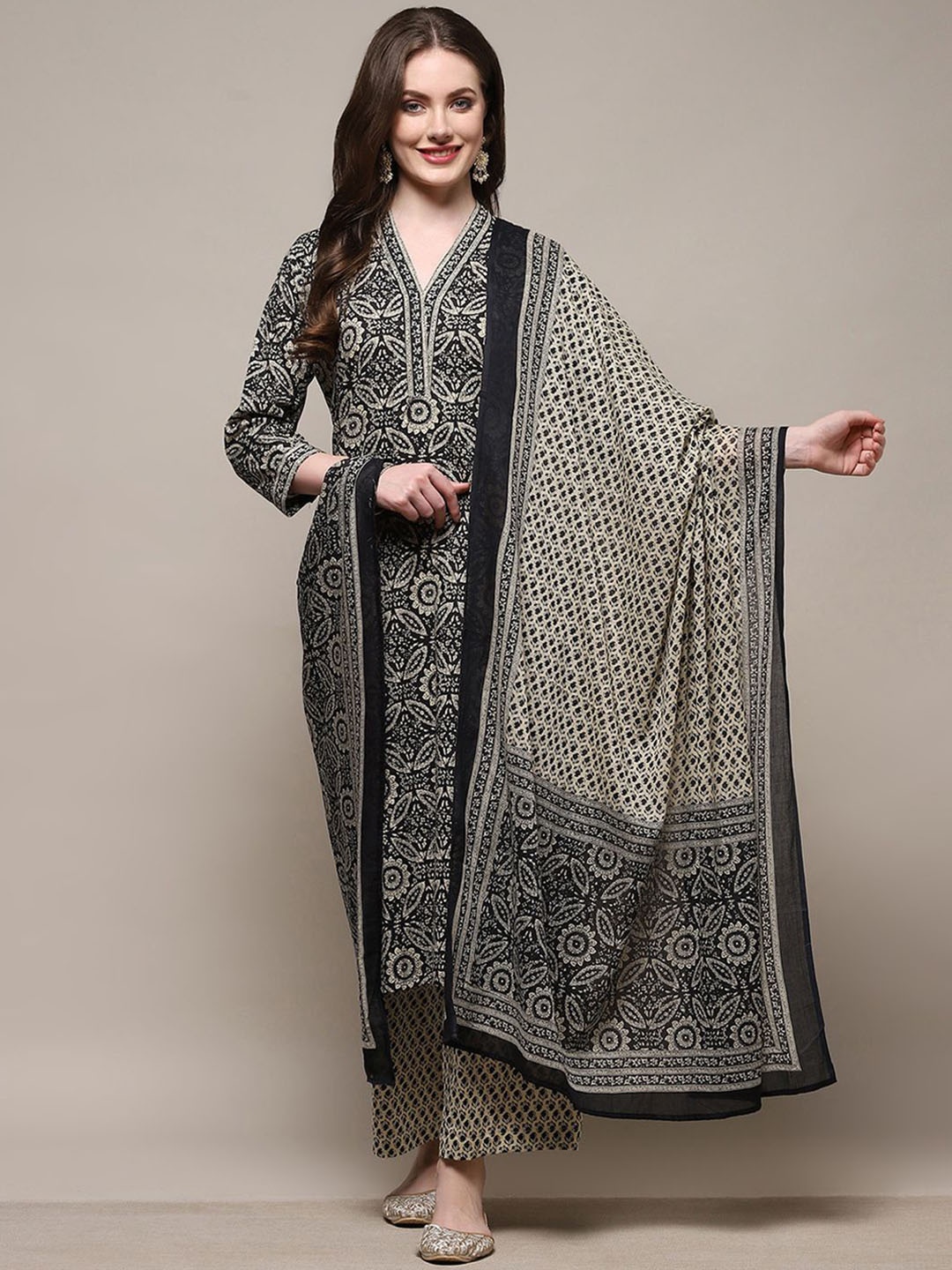 

Biba Ethnic Motifs Printed Pure Cotton Unstitched Dress Material, Black