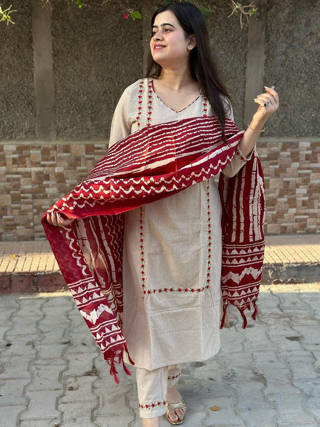 

Anni Designer Floral Embroidered V-Neck Thread Work Straight Kurta with Trousers & Dupatta, Beige