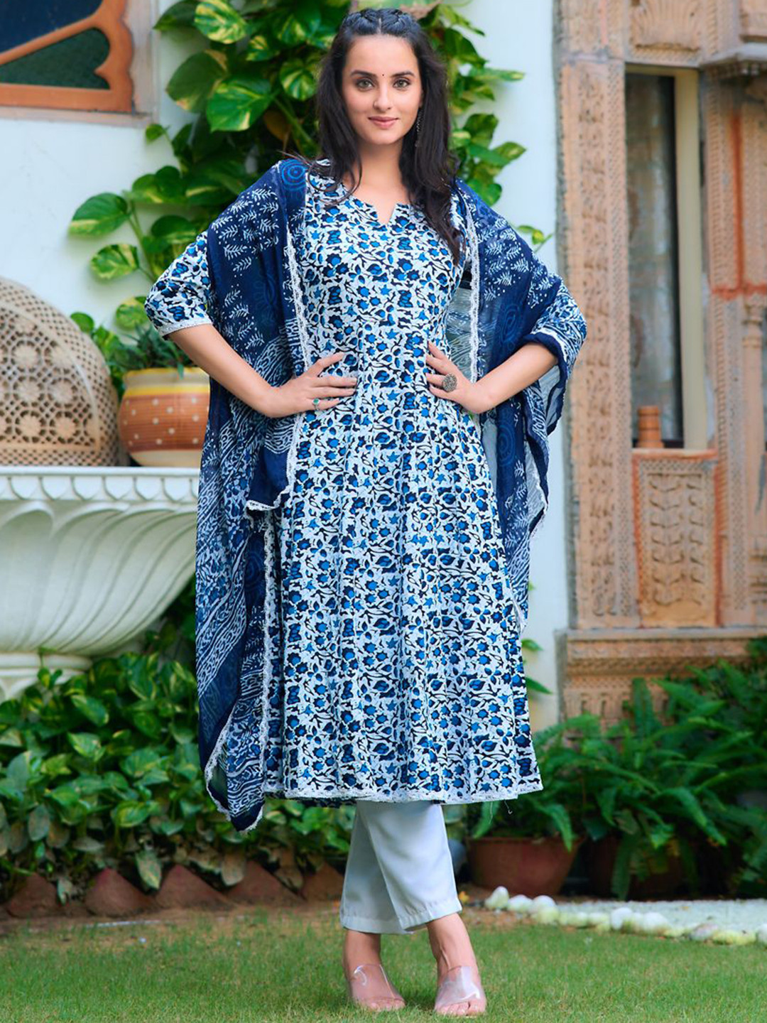 

KALINI Floral Printed A-Line Kurta with Trousers & Dupatta, Blue