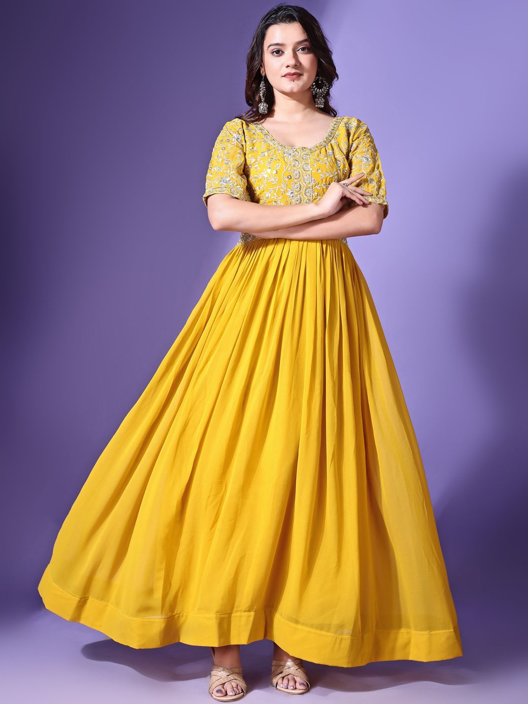 

KALINI Floral Embroidered Thread Work Georgette Fit and Flare Ethnic Dress, Yellow
