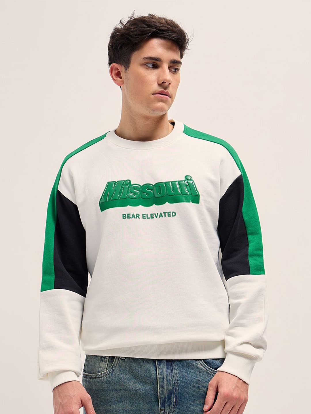

THE BEAR HOUSE Men Printed Cotton Pullover Sweatshirt, White