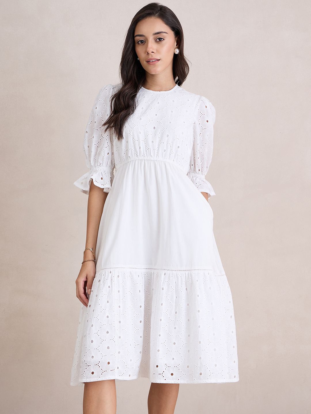 

FEMMELLA Women Embroidered A-Line Midi Dress, White