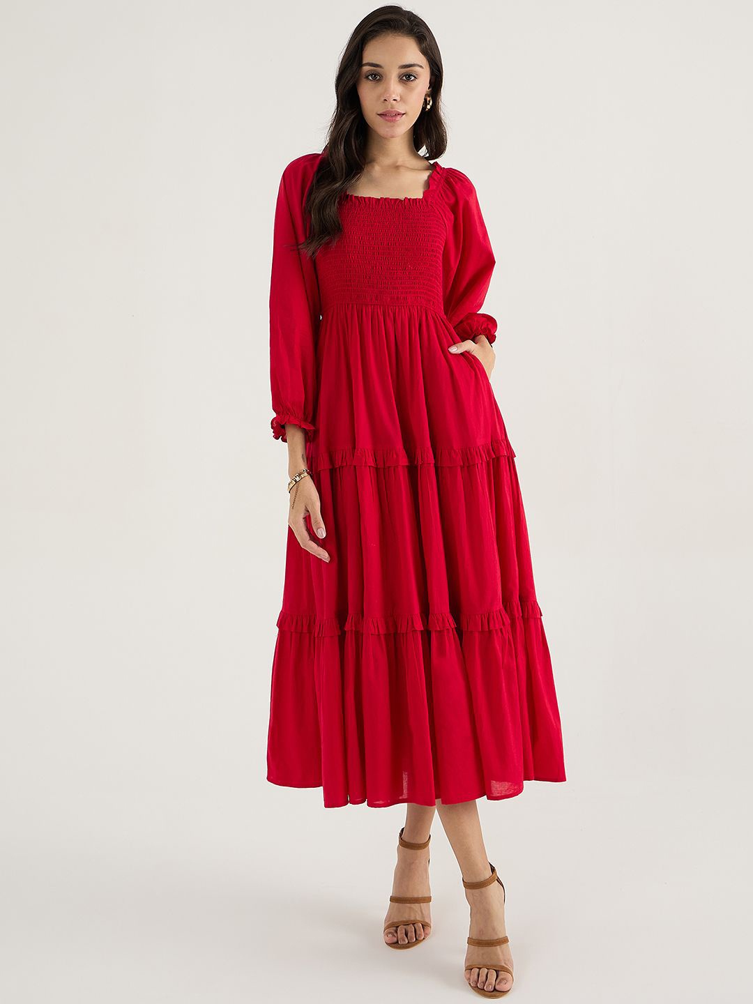 

FEMMELLA Women Cold-Shoulder Fit & Flare Maxi Cotton Dress, Red