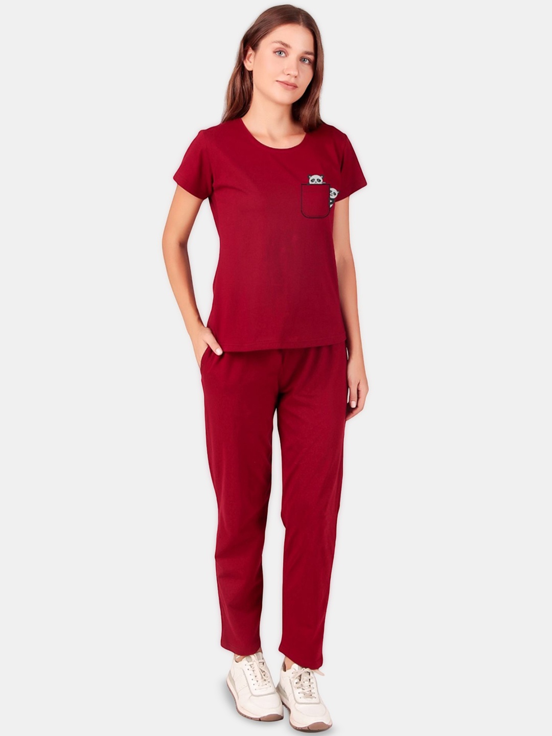 

Fasense Women Printed Pure Cotton T-shirt & Trousers Co-Ords, Maroon