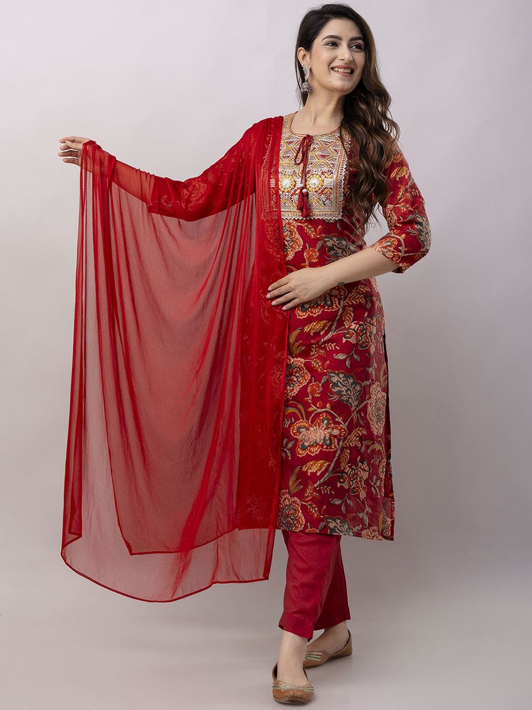 

Aawari Floral Printed Regular Sequinned Pure Silk Straight Kurta with Trousers & Dupatta, Red