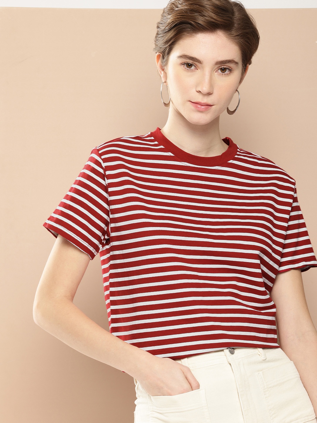 

her by invictus Striped Pure Cotton T-shirt, White