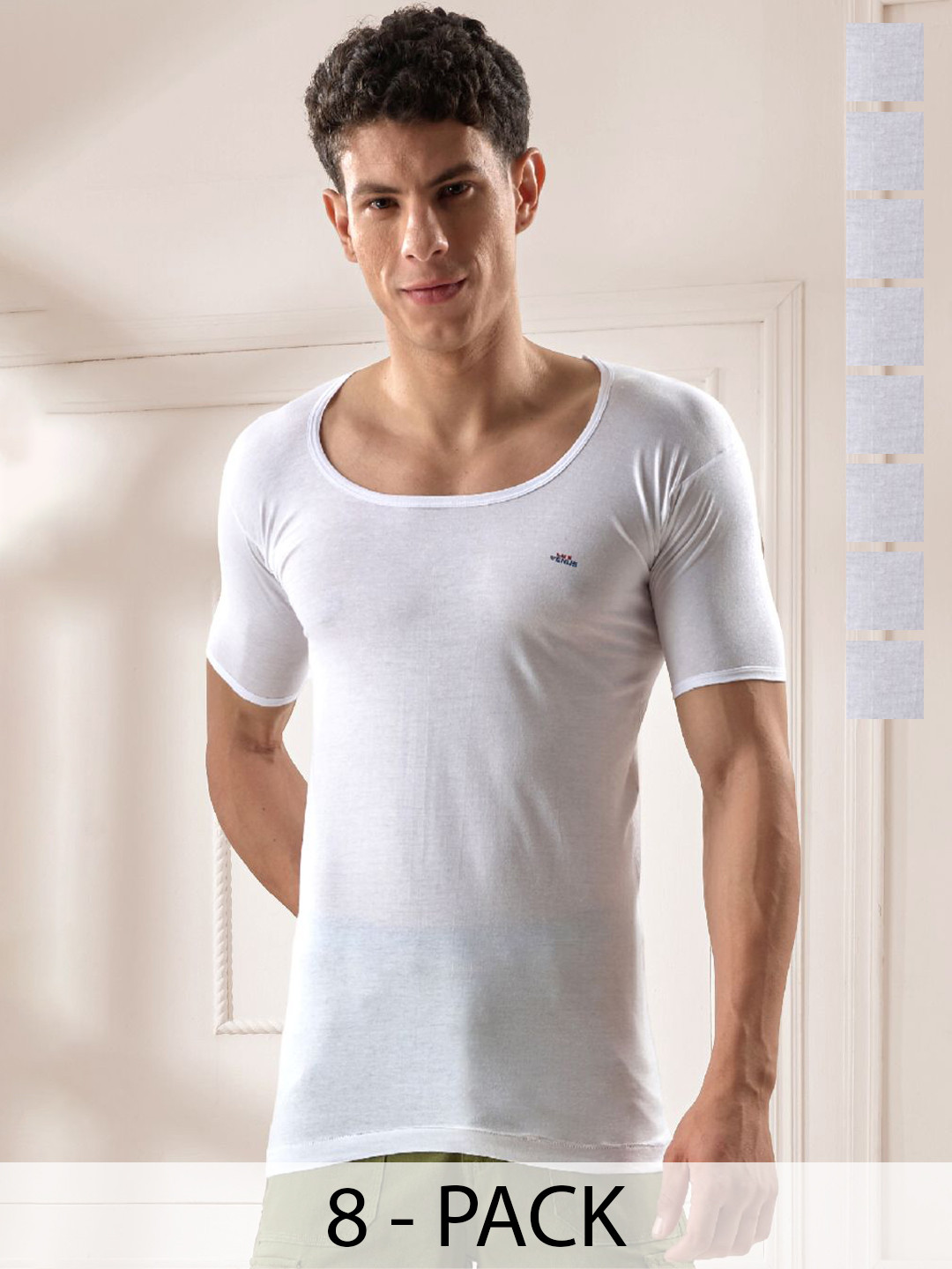 

LUX VENUS Pack of 8 Men Round Neck Cotton Vest, White