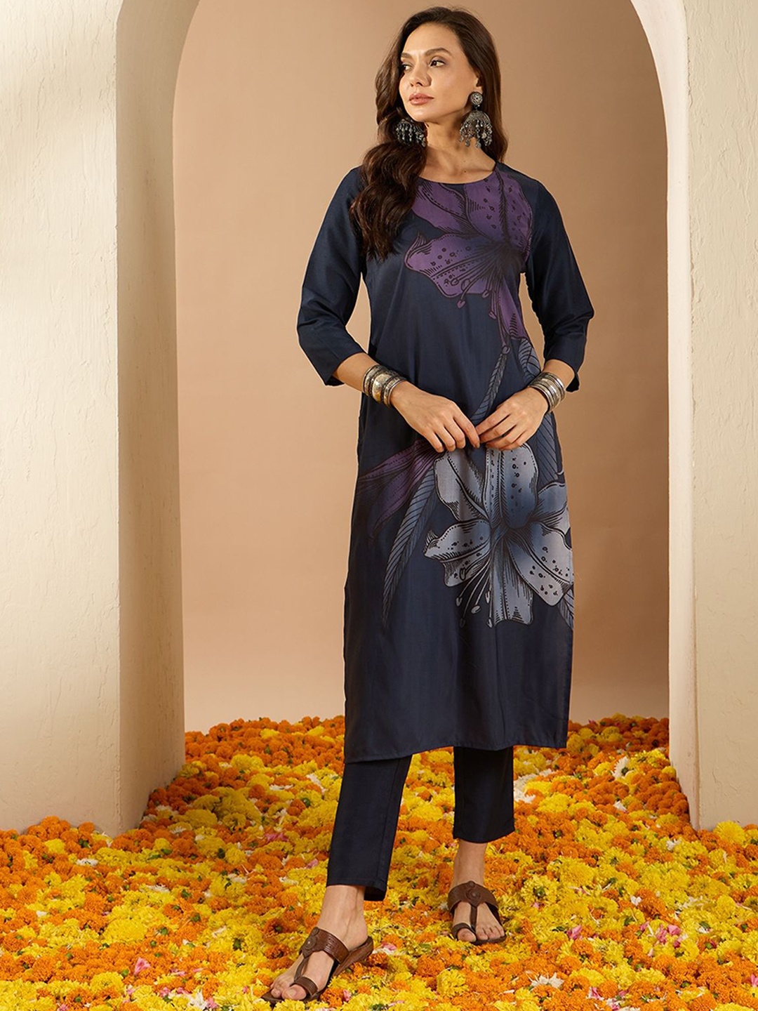 

ZIYAA Floral Printed Round Neck Three-Quarter Sleeves Regular Kurta With Trouser, Navy blue