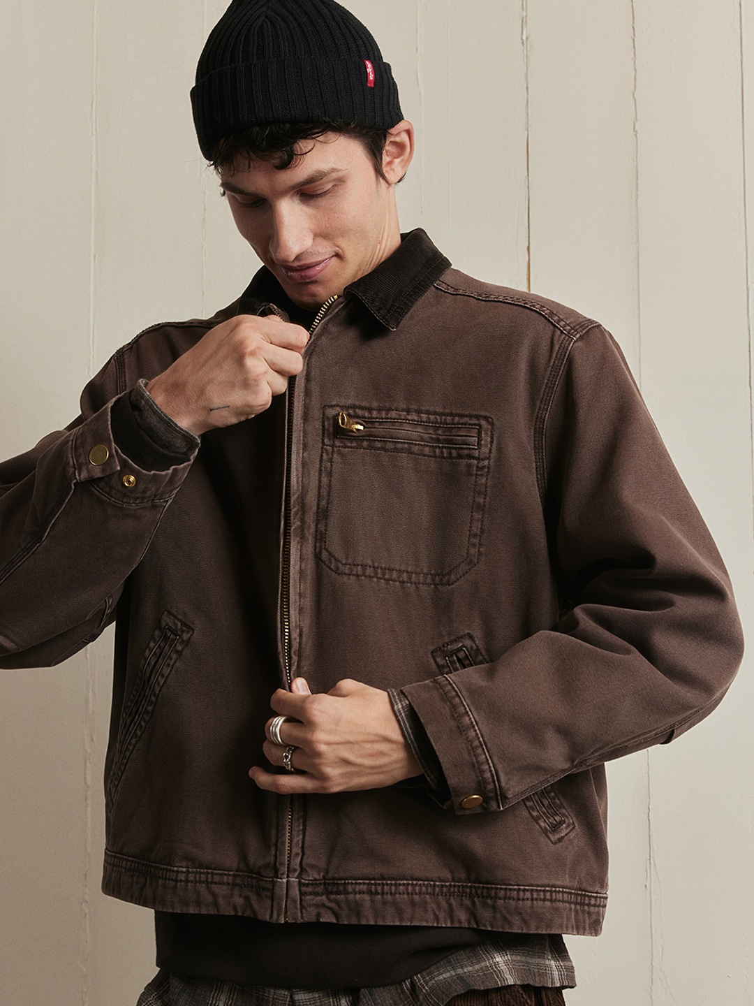

H&M Corduroy-Collared Denim Jacket, Brown