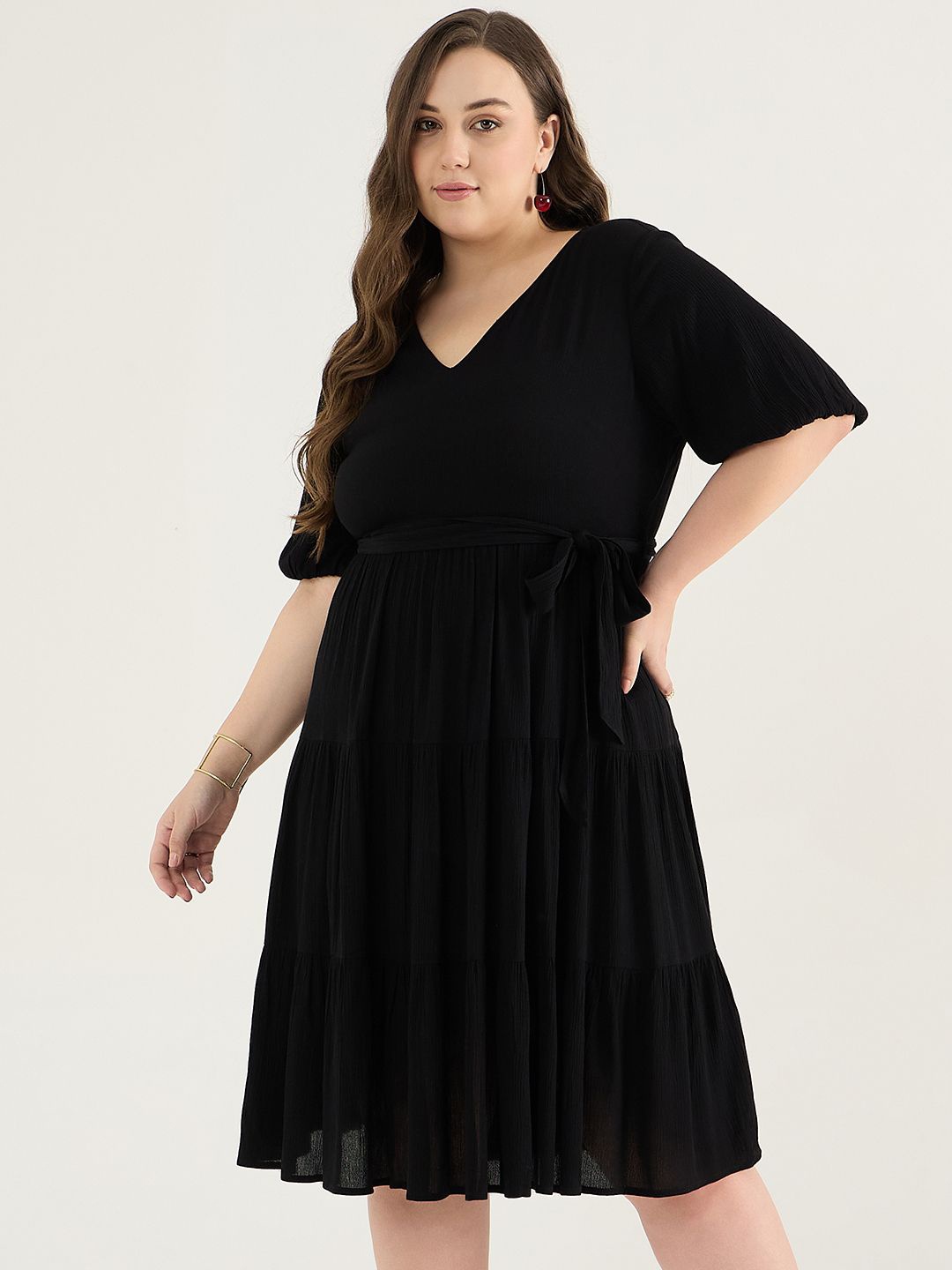 

FEMMELLA Solid Plus Size Fit and Flare Dress With Tie-Ups, Black